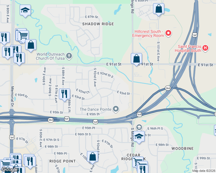 map of restaurants, bars, coffee shops, grocery stores, and more near 9313 East 93rd Place in Tulsa