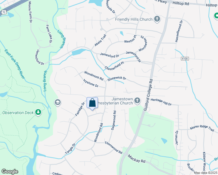 map of restaurants, bars, coffee shops, grocery stores, and more near 202 Fairidge Drive in Jamestown