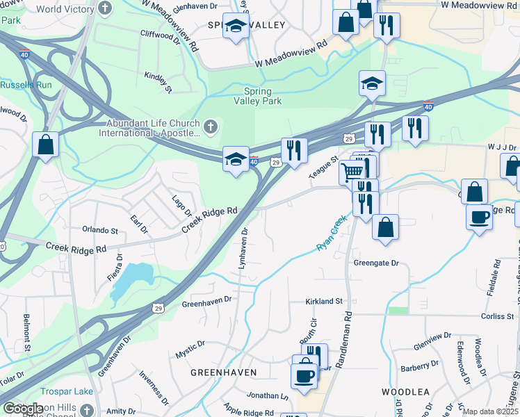map of restaurants, bars, coffee shops, grocery stores, and more near 645 Creek Ridge Road in Greensboro