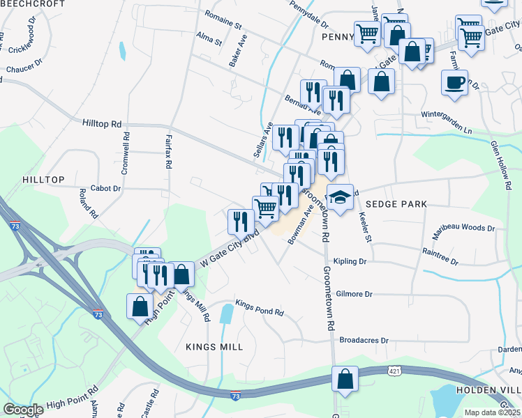 map of restaurants, bars, coffee shops, grocery stores, and more near 4740 High Point Road in Greensboro