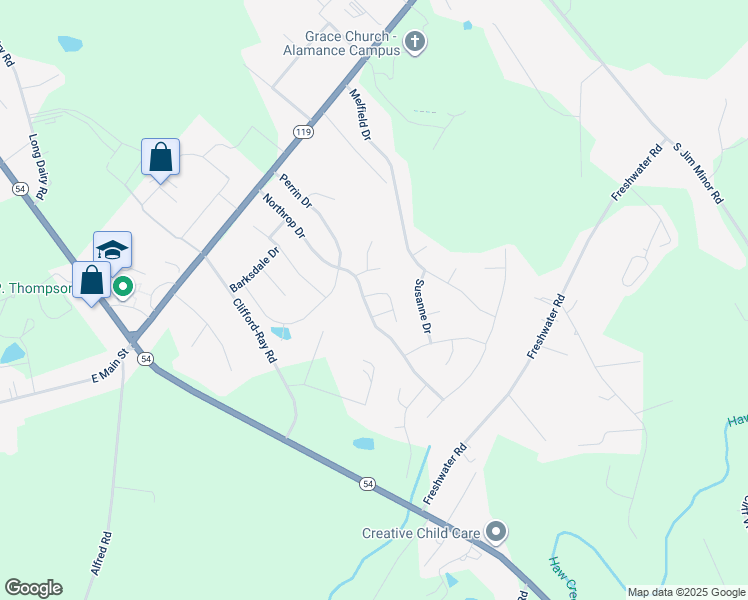 map of restaurants, bars, coffee shops, grocery stores, and more near 623 Breckinridge Drive in Haw River