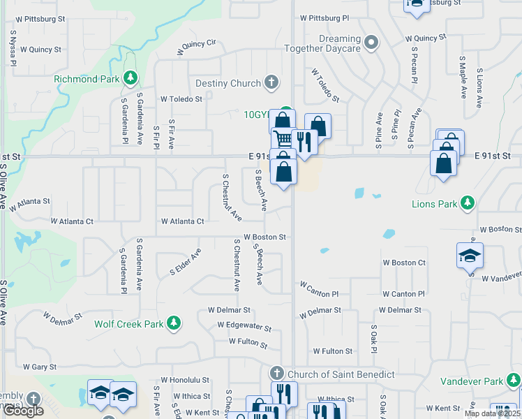 map of restaurants, bars, coffee shops, grocery stores, and more near 2400 South Beech Avenue in Broken Arrow