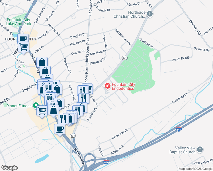 map of restaurants, bars, coffee shops, grocery stores, and more near 3308 Tazewell Pike in Knoxville