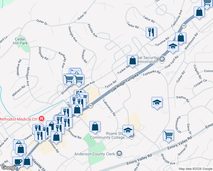 map of restaurants, bars, coffee shops, grocery stores, and more near 131 Tyson Road in Oak Ridge