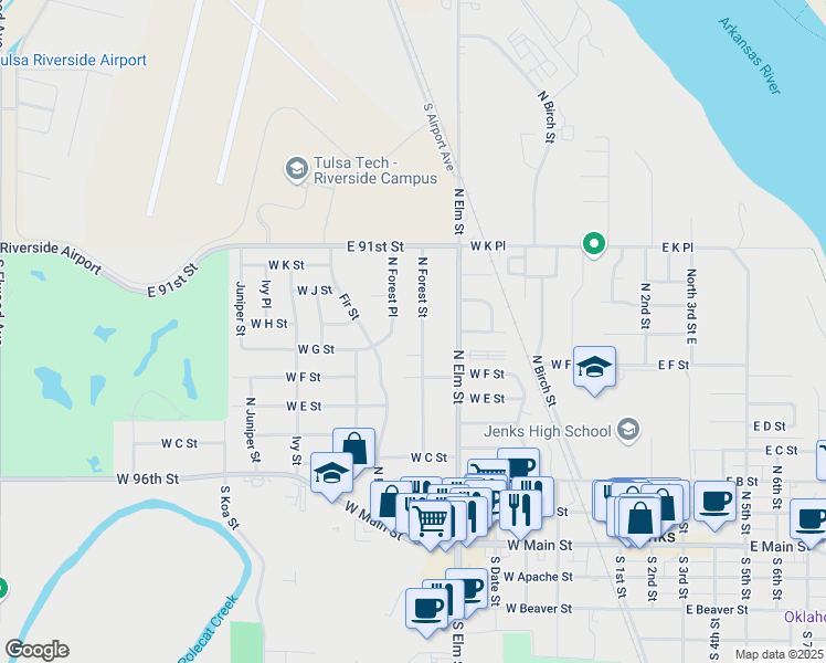 map of restaurants, bars, coffee shops, grocery stores, and more near 528 North Forest Street in Jenks