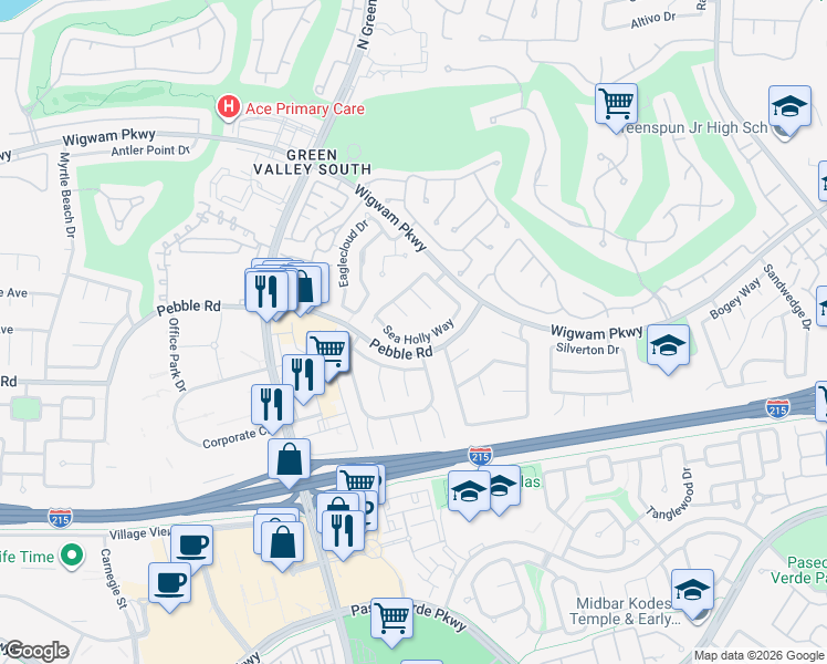 map of restaurants, bars, coffee shops, grocery stores, and more near 2117 Rockrose Circle in Henderson