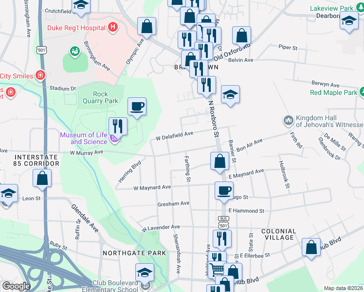 map of restaurants, bars, coffee shops, grocery stores, and more near 3025 Farthing Street in Durham