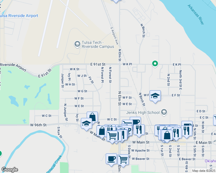 map of restaurants, bars, coffee shops, grocery stores, and more near 528 North Forest Street in Jenks