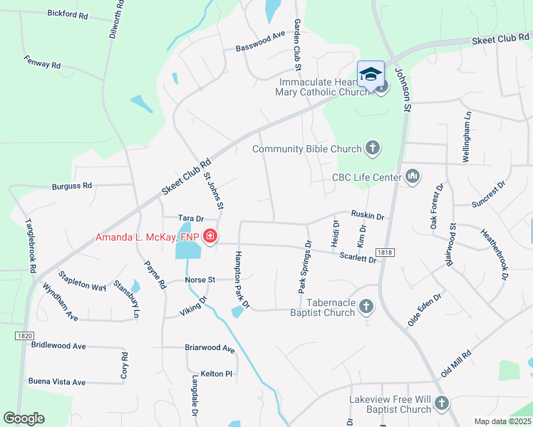 map of restaurants, bars, coffee shops, grocery stores, and more near 3523 Hunting Ridge Drive in High Point
