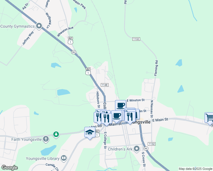 map of restaurants, bars, coffee shops, grocery stores, and more near 506 College Street in Youngsville