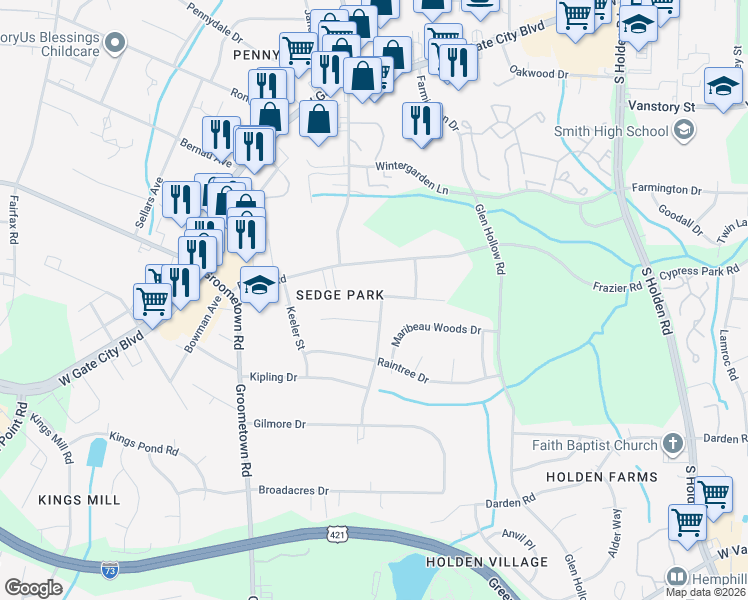 map of restaurants, bars, coffee shops, grocery stores, and more near 3817 Frazier Road in Greensboro