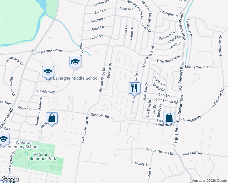 map of restaurants, bars, coffee shops, grocery stores, and more near 117 Dreville Drive in La Vergne