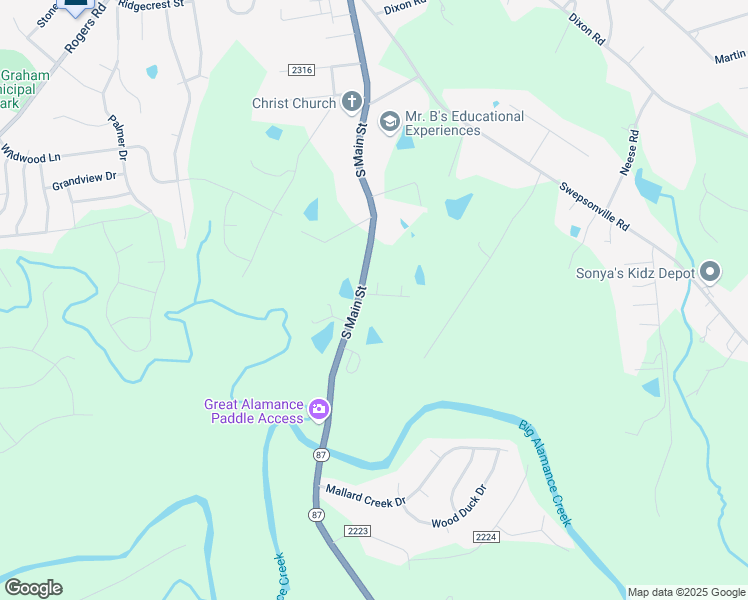map of restaurants, bars, coffee shops, grocery stores, and more near 107 Kingston Lane in Graham