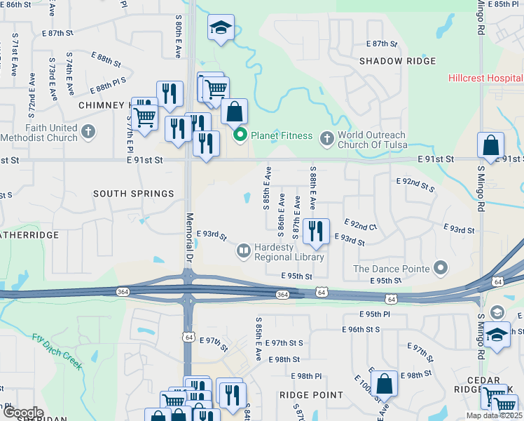 map of restaurants, bars, coffee shops, grocery stores, and more near 9219 South 85th East Avenue in Tulsa
