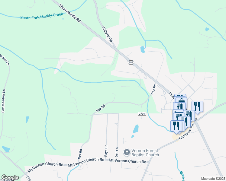 map of restaurants, bars, coffee shops, grocery stores, and more near 4800 Rex Road in Winston-Salem