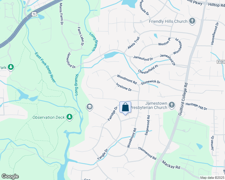 map of restaurants, bars, coffee shops, grocery stores, and more near 2706 Ivy Stone Court in Jamestown