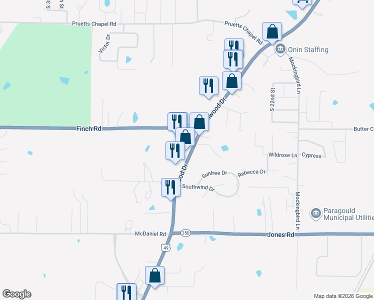 map of restaurants, bars, coffee shops, grocery stores, and more near 2604 Linwood Drive in Paragould
