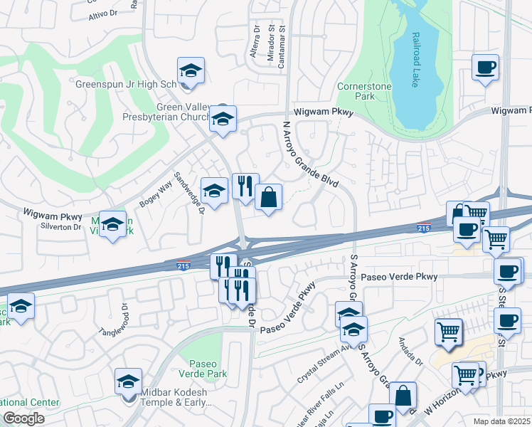 map of restaurants, bars, coffee shops, grocery stores, and more near 30 North Valle Verde Drive in Henderson