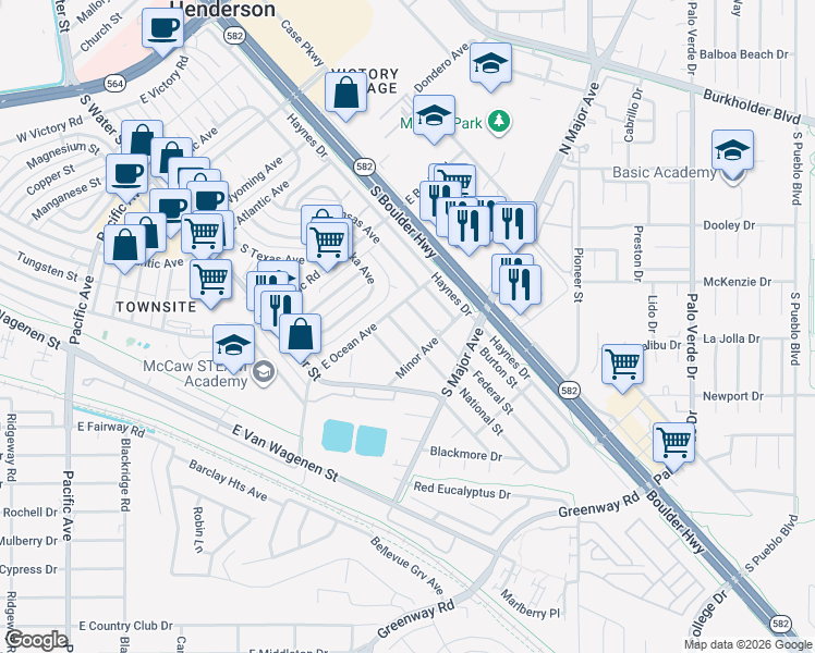 map of restaurants, bars, coffee shops, grocery stores, and more near 419 National Street in Henderson