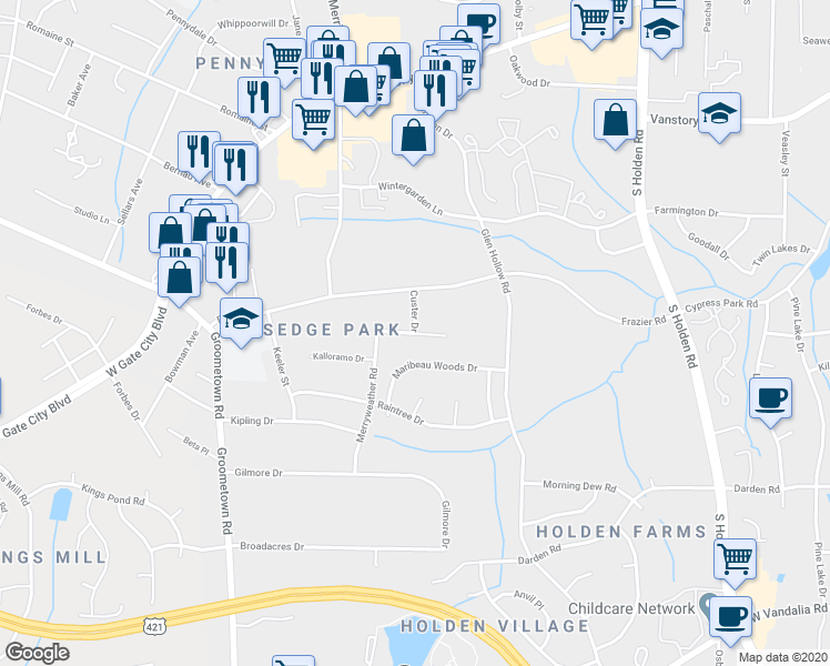 map of restaurants, bars, coffee shops, grocery stores, and more near 3804 Repon Street in Greensboro