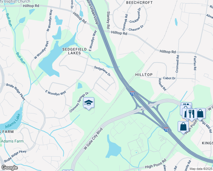 map of restaurants, bars, coffee shops, grocery stores, and more near 4716 Chestfield Drive in Greensboro