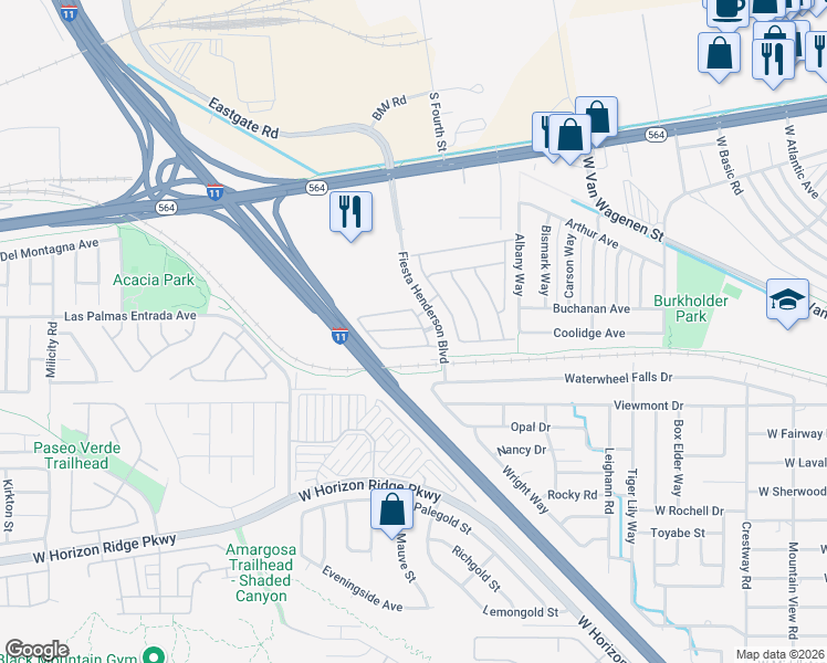 map of restaurants, bars, coffee shops, grocery stores, and more near 266 Blue Grotto Street in Henderson