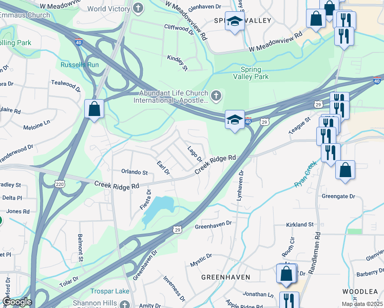 map of restaurants, bars, coffee shops, grocery stores, and more near 724 Creek Ridge Road in Greensboro