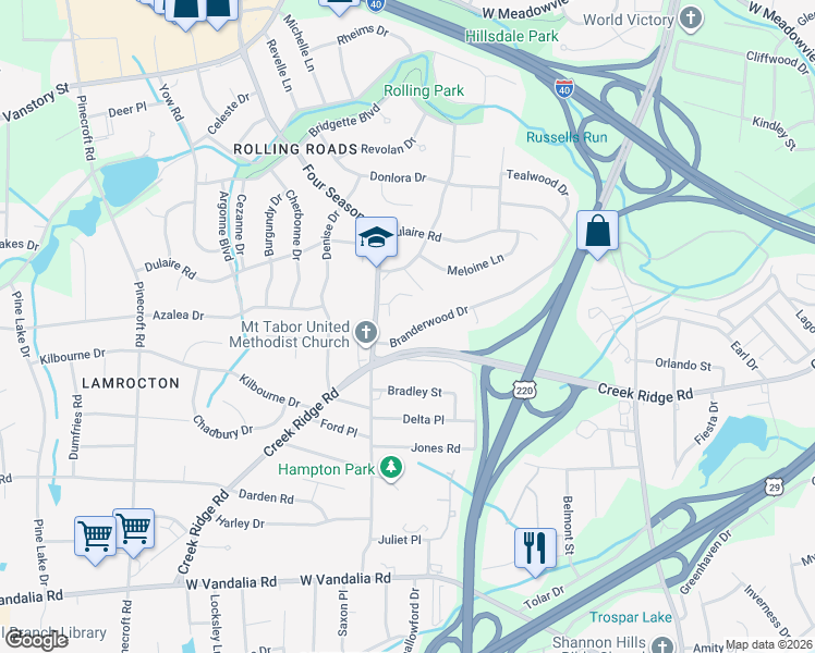 map of restaurants, bars, coffee shops, grocery stores, and more near 3014 Branderwood Drive in Greensboro