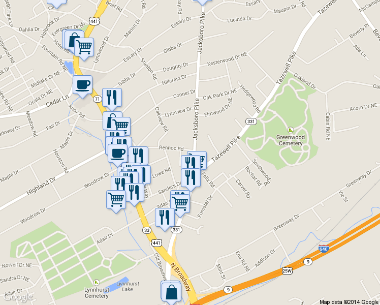 map of restaurants, bars, coffee shops, grocery stores, and more near 3117 Rennoc Road in Knoxville
