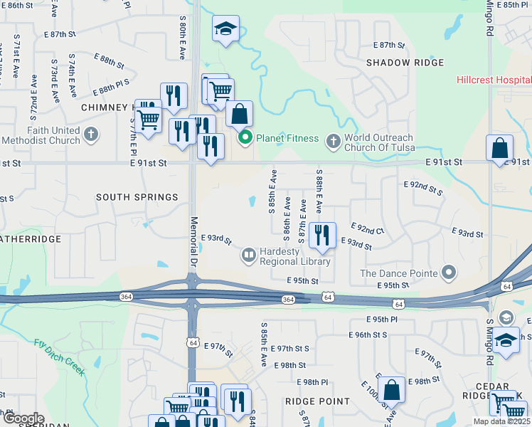 map of restaurants, bars, coffee shops, grocery stores, and more near 9219 South 85th East Avenue in Tulsa