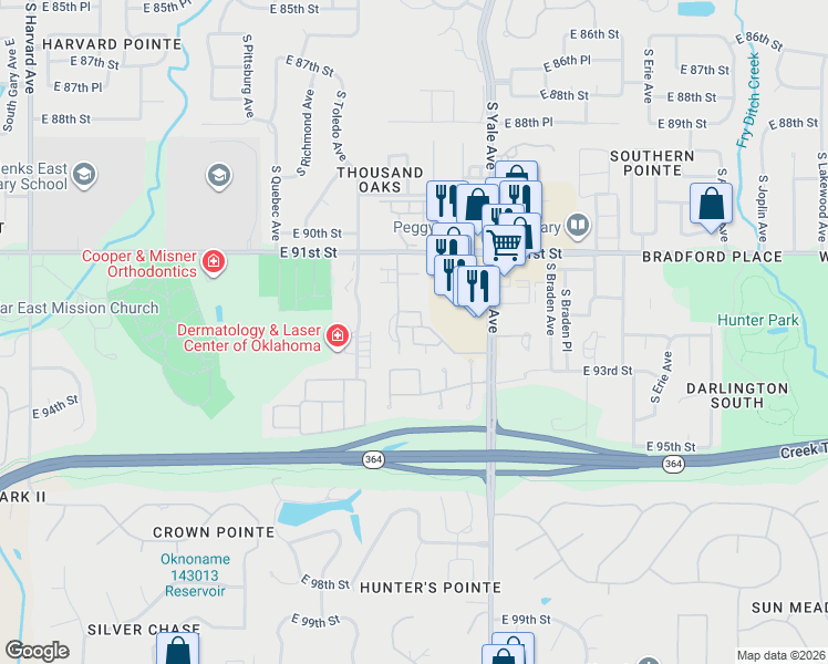 map of restaurants, bars, coffee shops, grocery stores, and more near 4188 East 93rd Court in Tulsa