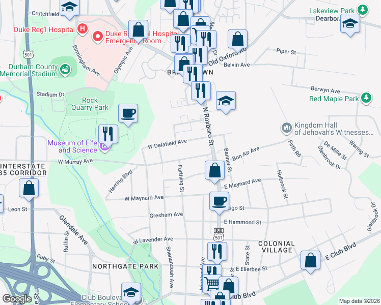 map of restaurants, bars, coffee shops, grocery stores, and more near 107 West Delafield Avenue in Durham