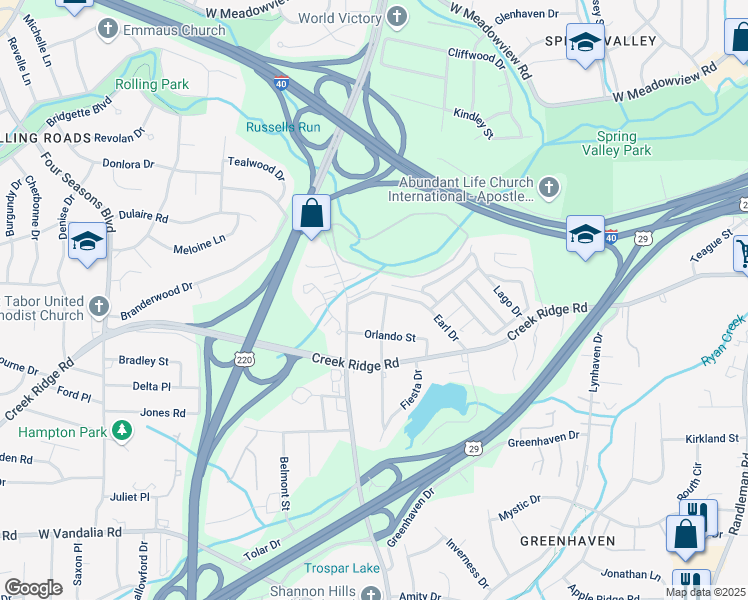 map of restaurants, bars, coffee shops, grocery stores, and more near 724 Creek Ridge Road in Greensboro