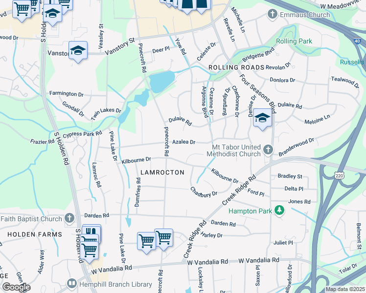 map of restaurants, bars, coffee shops, grocery stores, and more near 2722 Azalea Drive in Greensboro