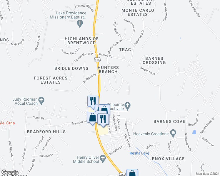 map of restaurants, bars, coffee shops, grocery stores, and more near 1440 Hunters Branch Road in Nashville