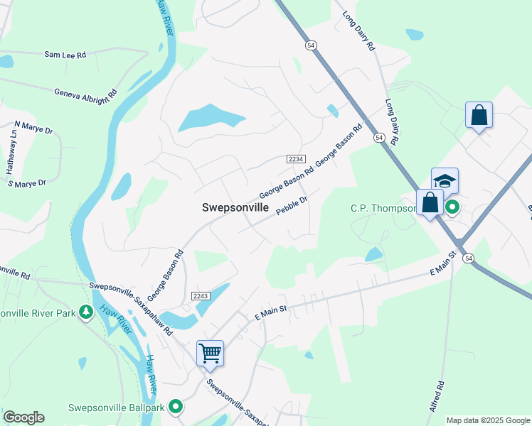 map of restaurants, bars, coffee shops, grocery stores, and more near 1328 Pebble Drive in Graham