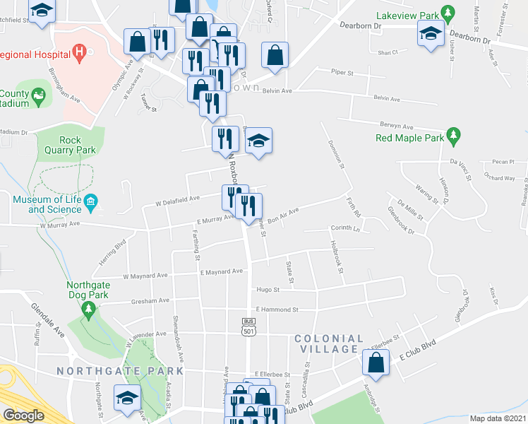 map of restaurants, bars, coffee shops, grocery stores, and more near 3008 Banner Street in Durham