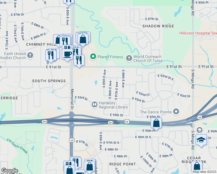 map of restaurants, bars, coffee shops, grocery stores, and more near 9219 South 85th East Avenue in Tulsa