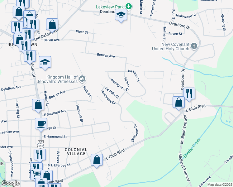 map of restaurants, bars, coffee shops, grocery stores, and more near 2608 Demille Street in Durham