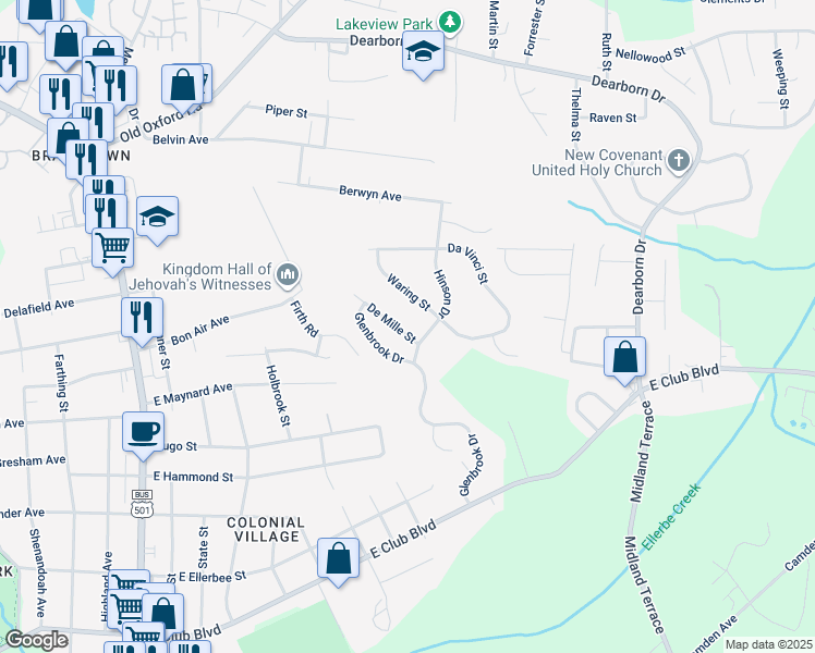 map of restaurants, bars, coffee shops, grocery stores, and more near 2608 Demille Street in Durham