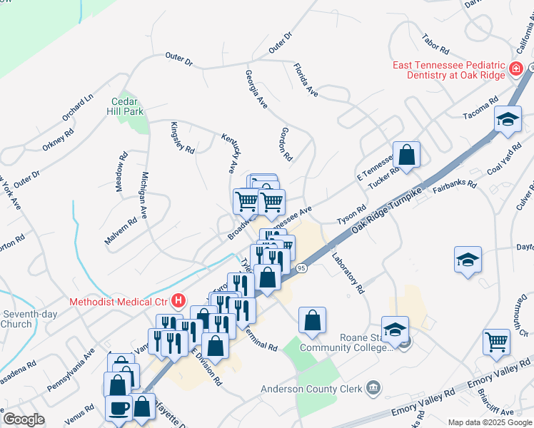 map of restaurants, bars, coffee shops, grocery stores, and more near 213 Broadway Avenue in Oak Ridge