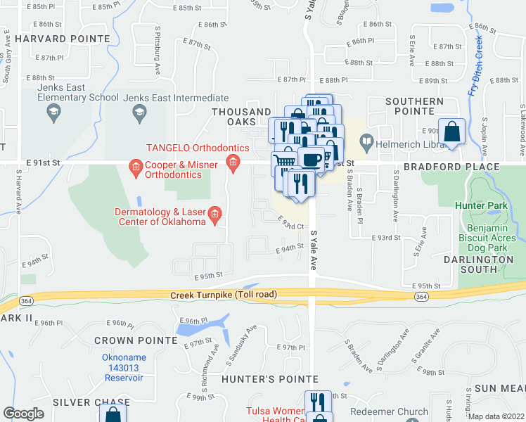 map of restaurants, bars, coffee shops, grocery stores, and more near 4188 East 93rd Court in Tulsa