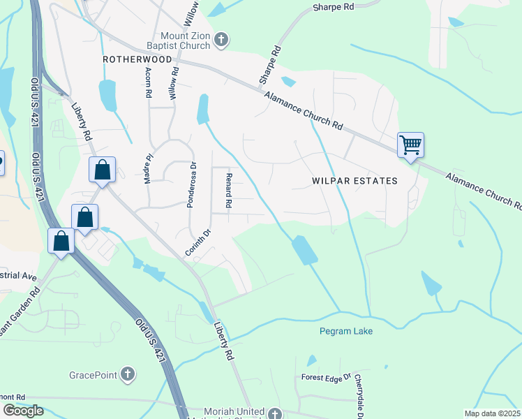 map of restaurants, bars, coffee shops, grocery stores, and more near 1321 Perga Ct in Greensboro