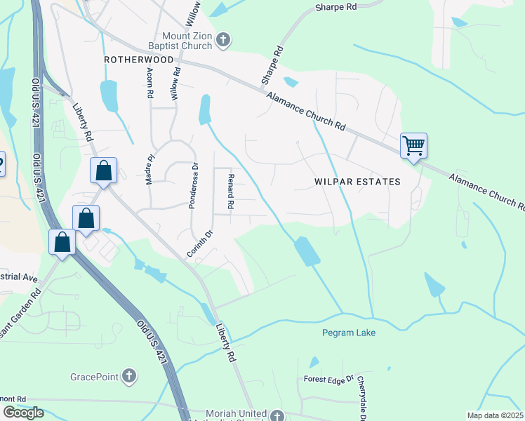 map of restaurants, bars, coffee shops, grocery stores, and more near 1321 Perga Ct in Greensboro