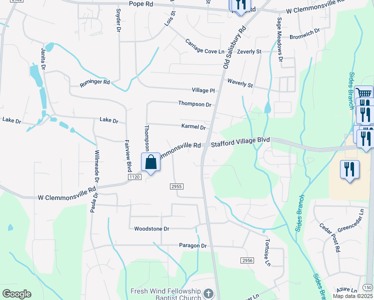 map of restaurants, bars, coffee shops, grocery stores, and more near 1642 West Clemmonsville Road in Winston-Salem