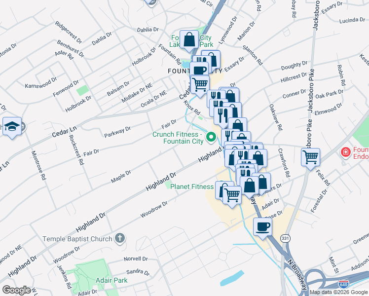 map of restaurants, bars, coffee shops, grocery stores, and more near 2516 Maple Drive in Knoxville