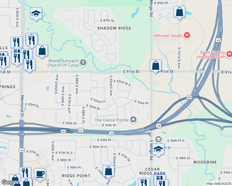 map of restaurants, bars, coffee shops, grocery stores, and more near 9229 South 92nd East Avenue in Tulsa