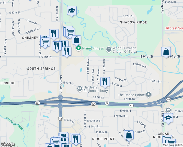 map of restaurants, bars, coffee shops, grocery stores, and more near 9219 South 85th East Avenue in Tulsa