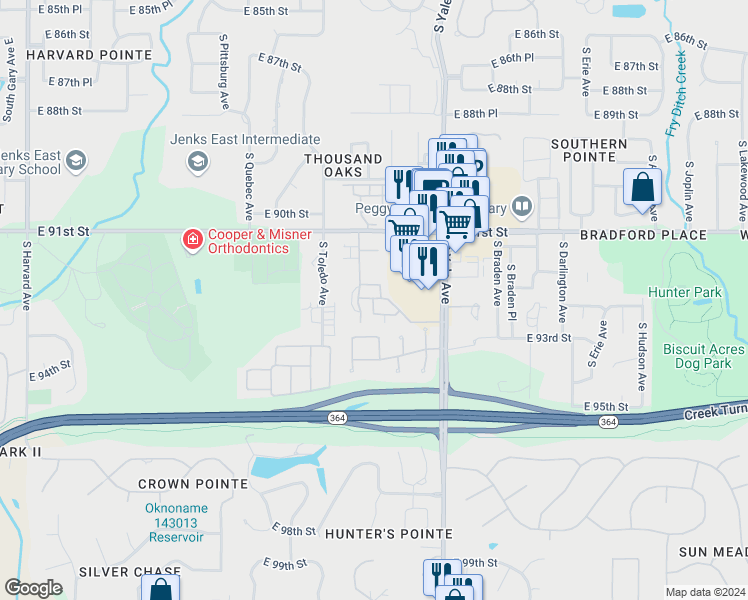 map of restaurants, bars, coffee shops, grocery stores, and more near 4188 East 93rd Court in Tulsa