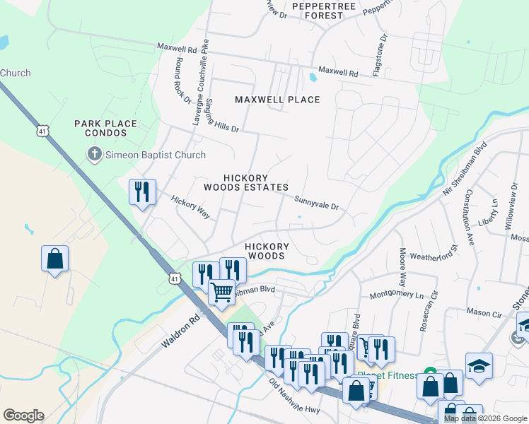 map of restaurants, bars, coffee shops, grocery stores, and more near 117 Firelight Court in Nashville
